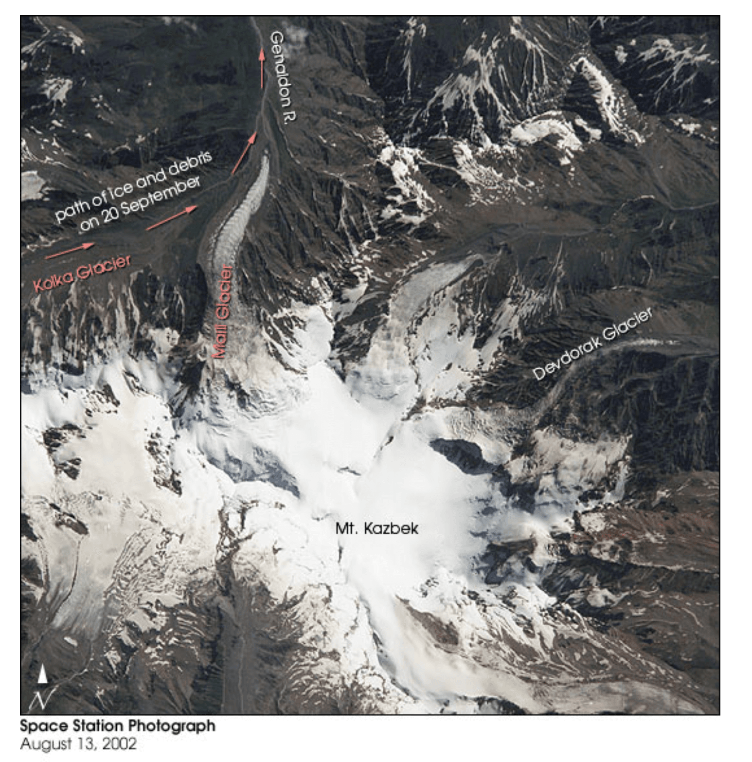 Kolka Glacier surge description NASA