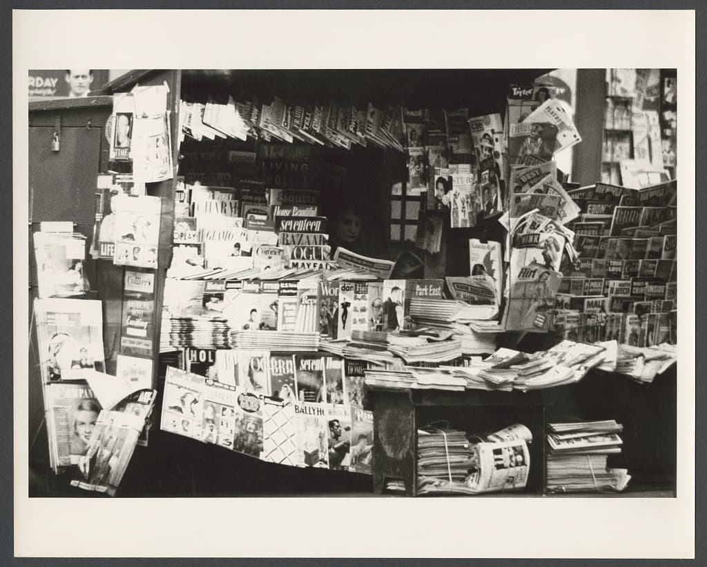(Woman reading inside newsstand) (LOC)