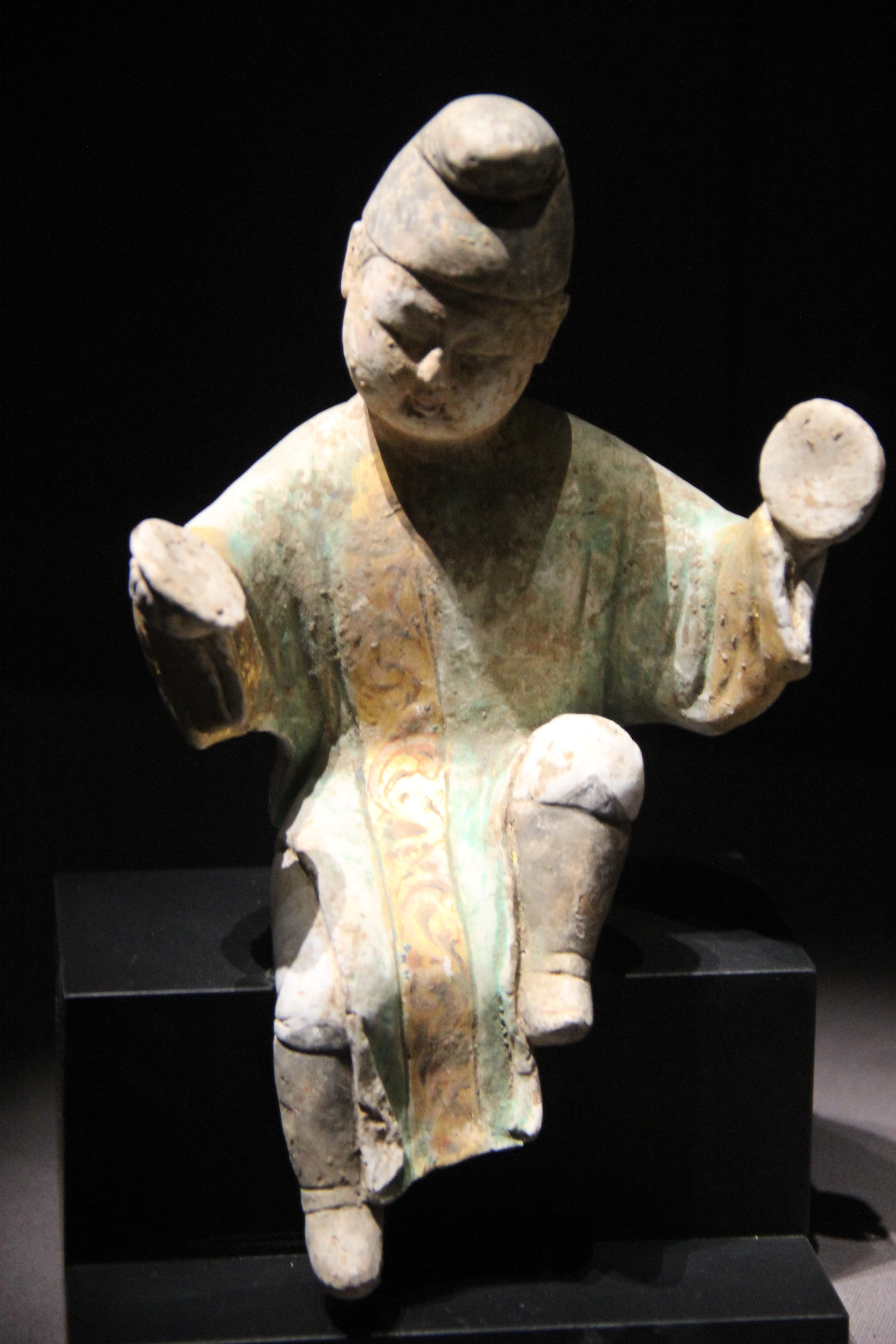 Tang Female Pottery Musician Playing Cymbals