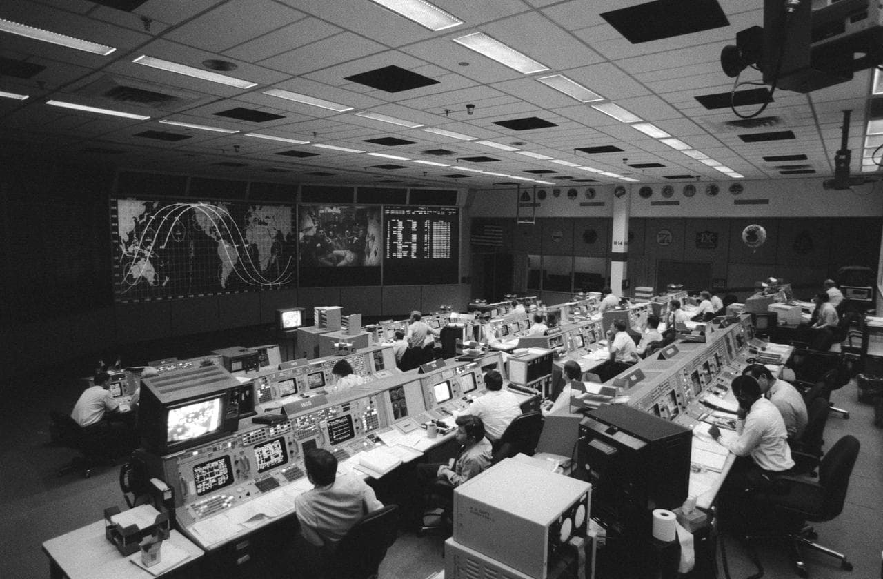Wide angle view of the Flight control room of Mission control center