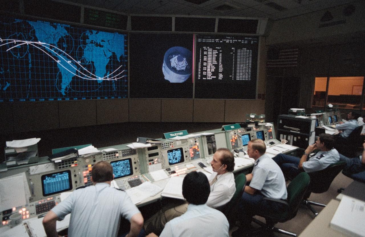 Views from mission control during the STS 51-D mission