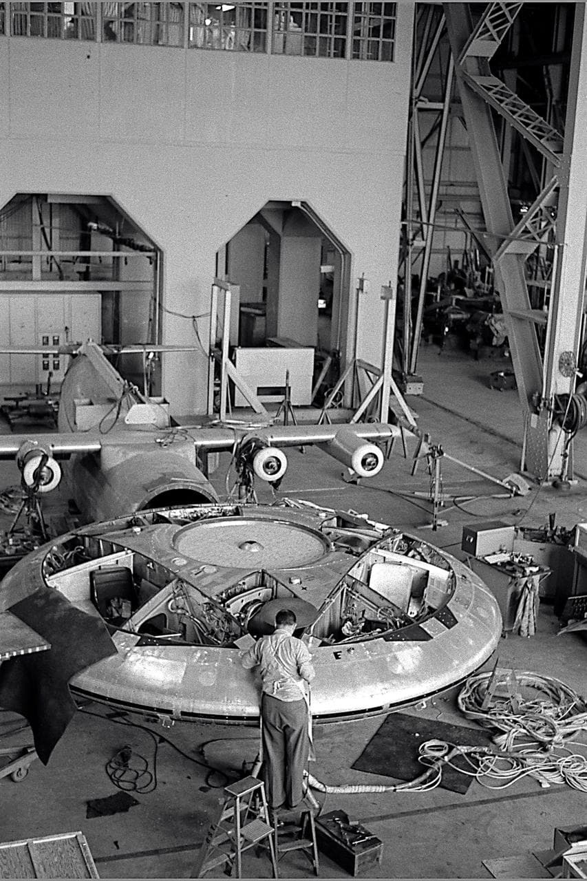 Avrocar in the shop of the 40x80 foot wind tunnel.