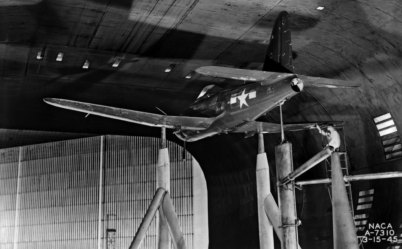 Ryan FR-1 in 40x80 foot Wind Tunnel from below.