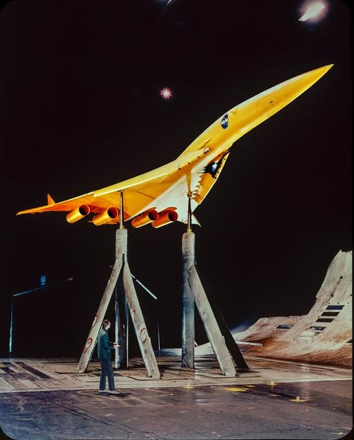 Supersonic Transport Model mounted in the Ames 40x80 Foot Wind Tunnel.