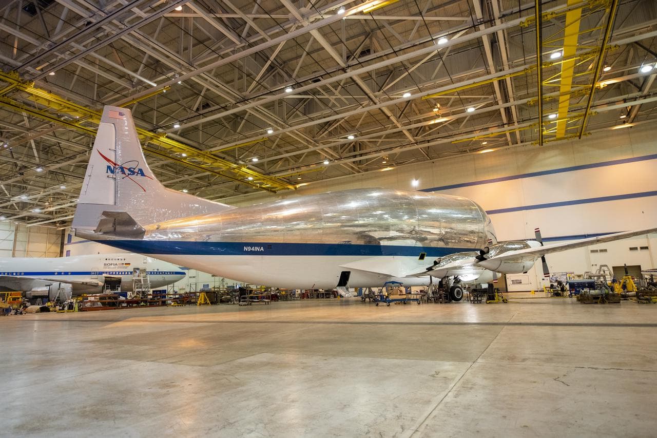 NASA's Super Guppy in the hangar at Armstrong Building 703