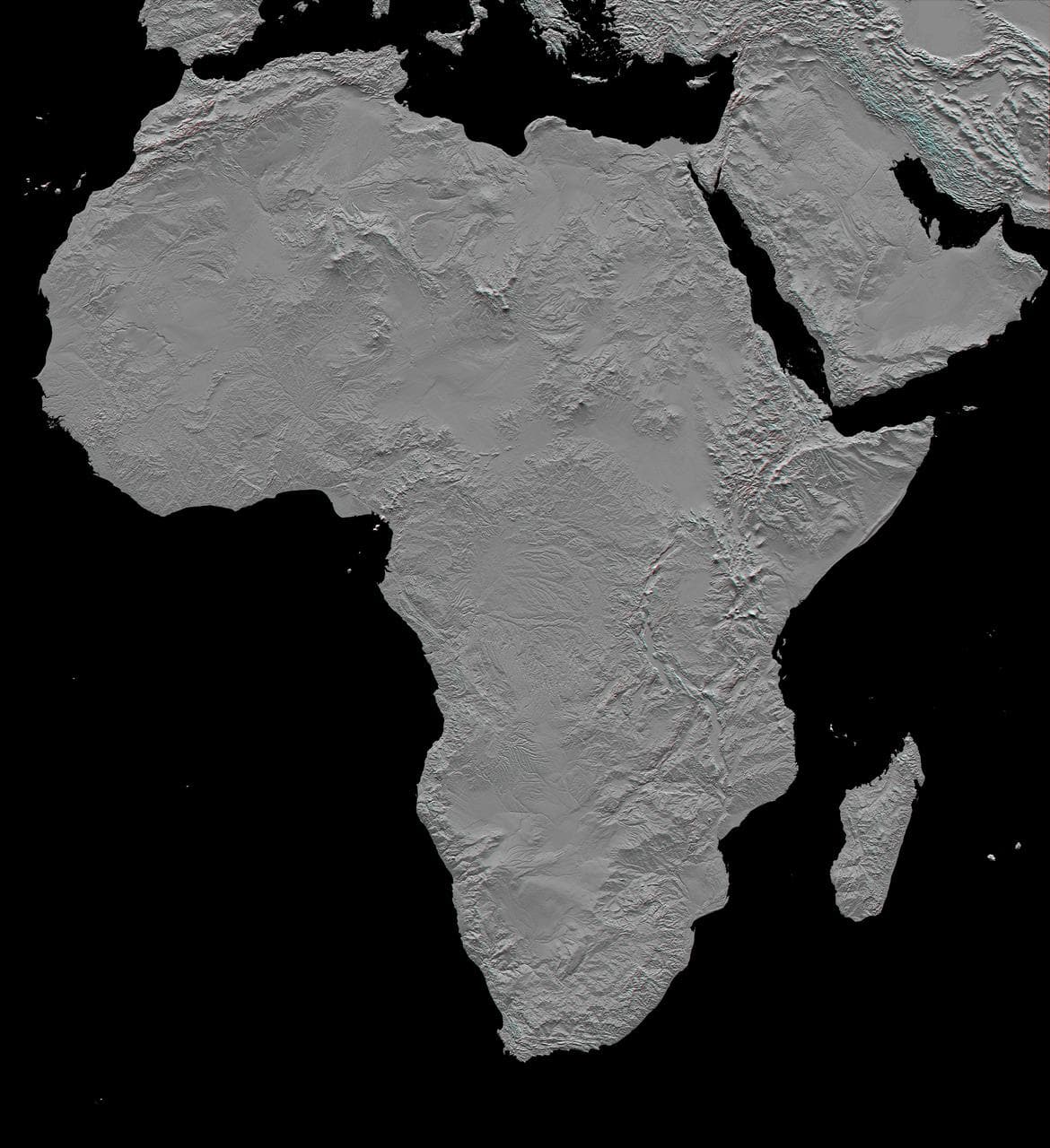 Africa in SRTM 3-D, Anaglyph of Shaded Relief