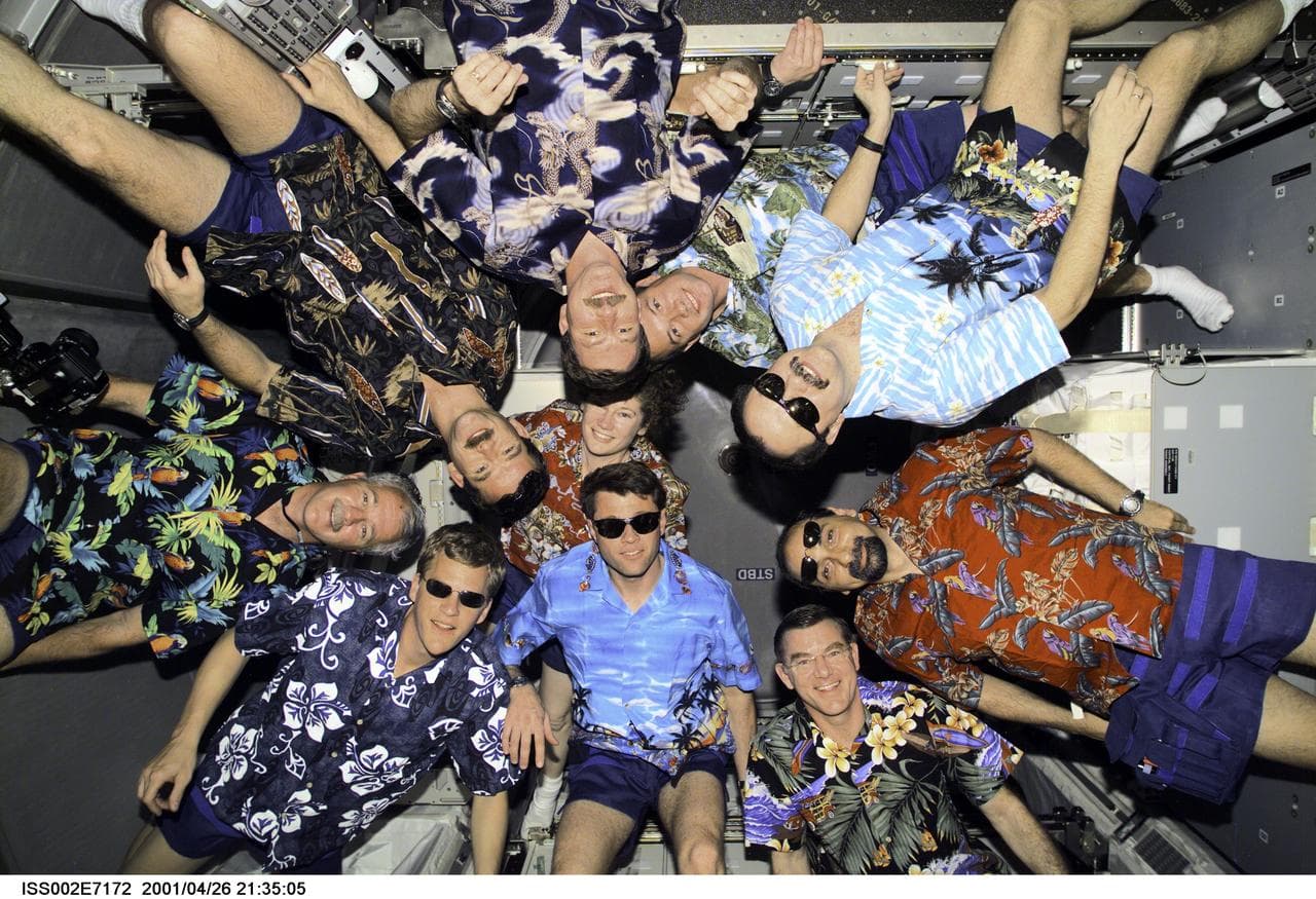 Joint STS-100 and Expedition Two crew portrait in Hawaiian shirts
