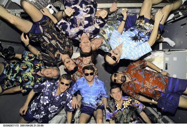 Joint STS-100 and Expedition Two crew portrait in Hawaiian shirts
