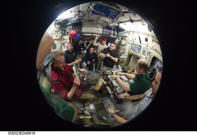 Fisheye View of Crewmembers Sharing a Meal in the SM
