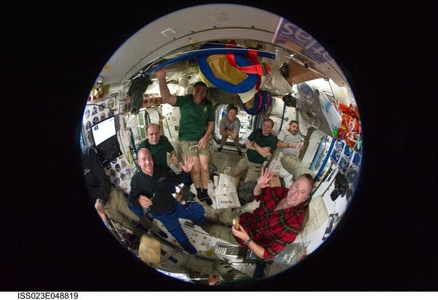 Fisheye View of Crewmembers Sharing a Meal in the SM
