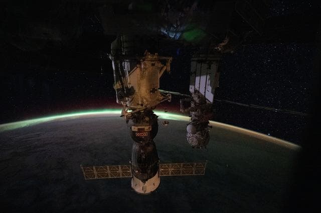 The aurora australis arcs above Earth’s horizon
