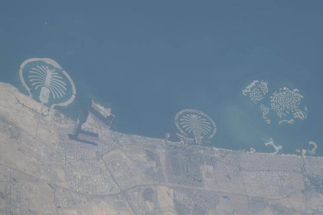 Dubai's coastline with the famous Palm Isles and The World Islands
