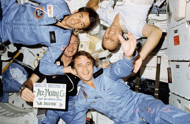 STS-5 crew onboard portrait on port side middeck