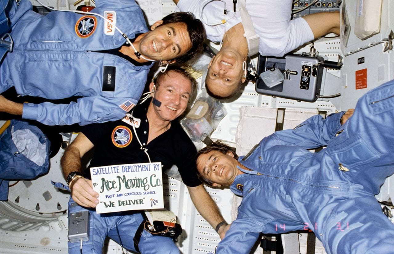 STS-5 crew onboard portrait on port side middeck