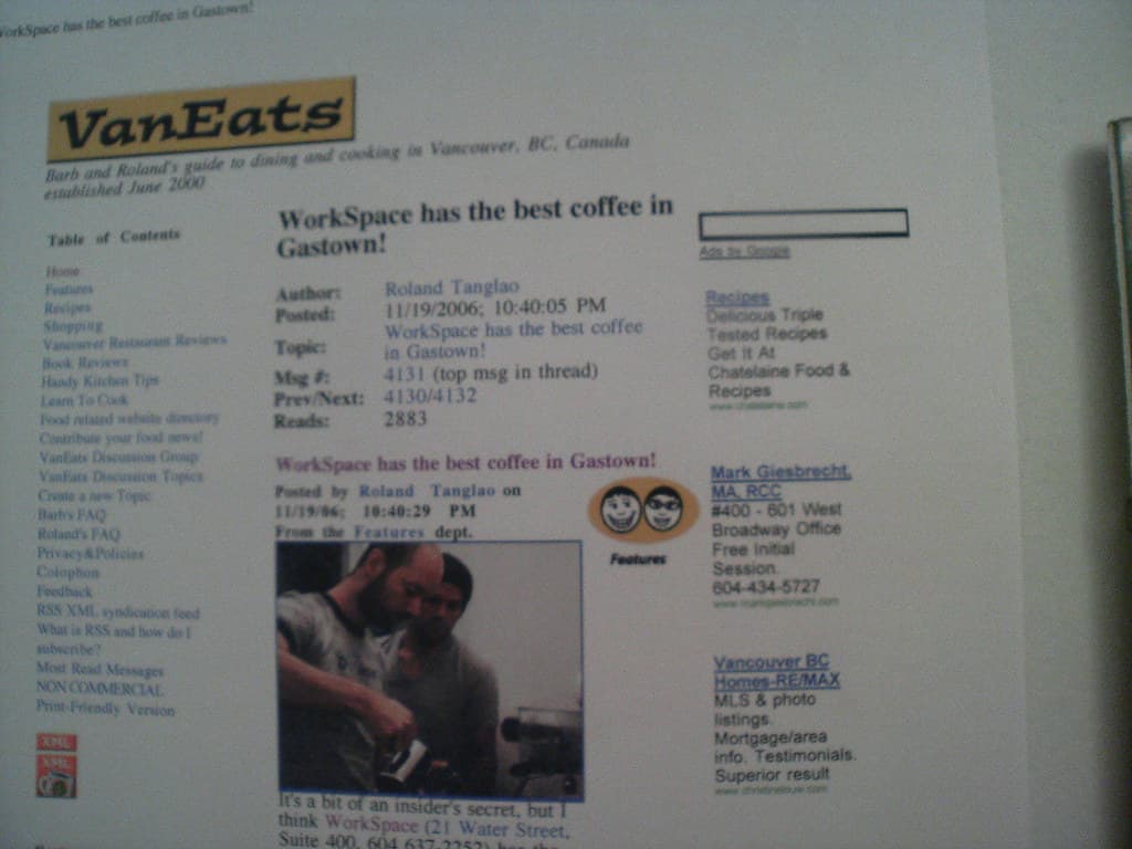 WorkSpace VanEats coffee review - 01/12/2006