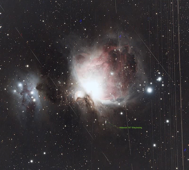 M42 Orion Satellite Highway and an Asteroid. (Explore)