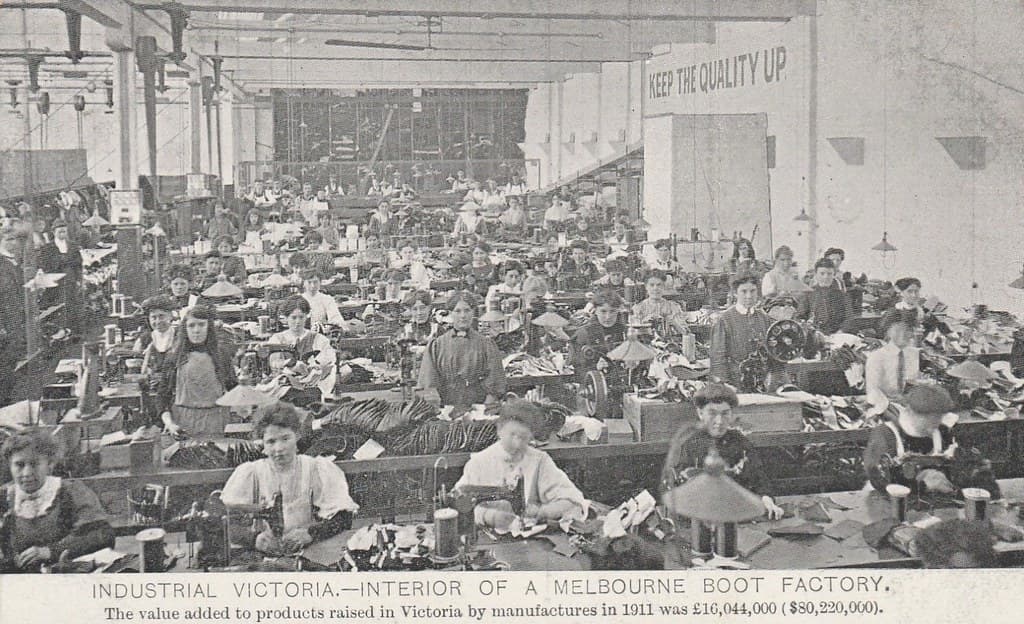 Interior of a boot factory in Melbourne, Victoria - circa 1912
