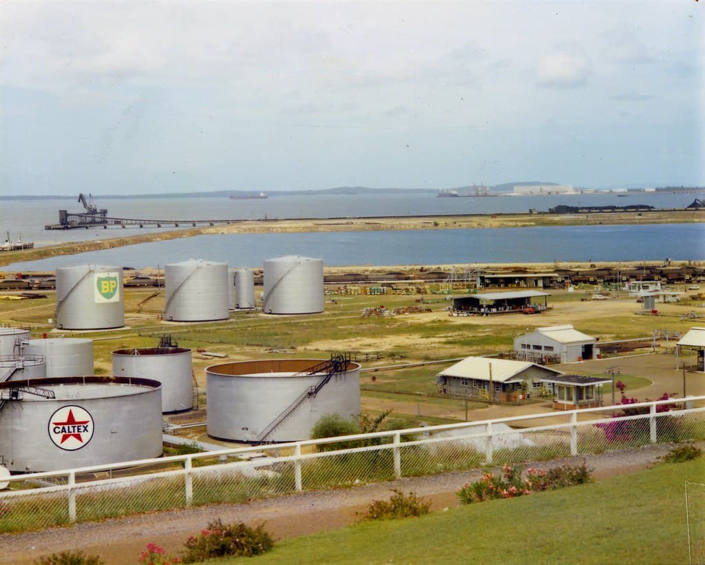 Caltex oil storage tanks in the Gladstone Harbour area, November 1974