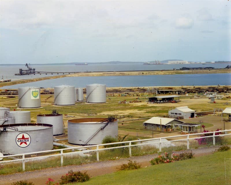 Caltex oil storage tanks in the Gladstone Harbour area, November 1974