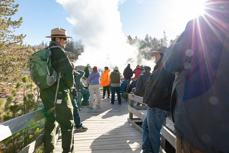 Boardwalks, employees, geyser