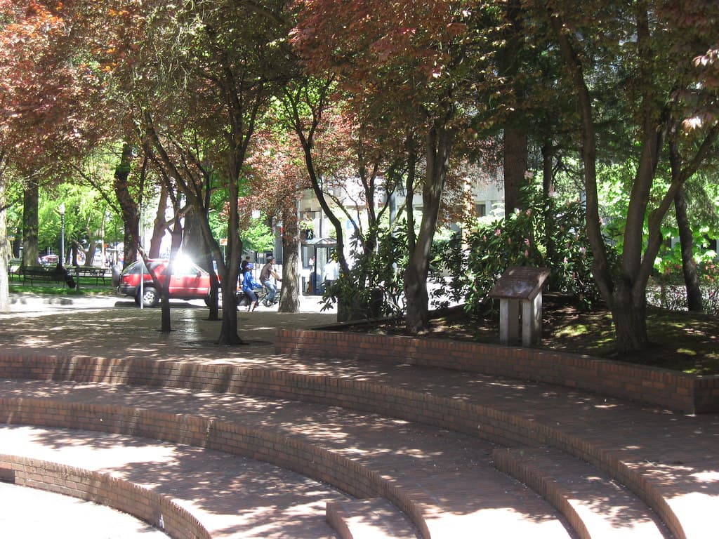 Brick staircase and red trees in park