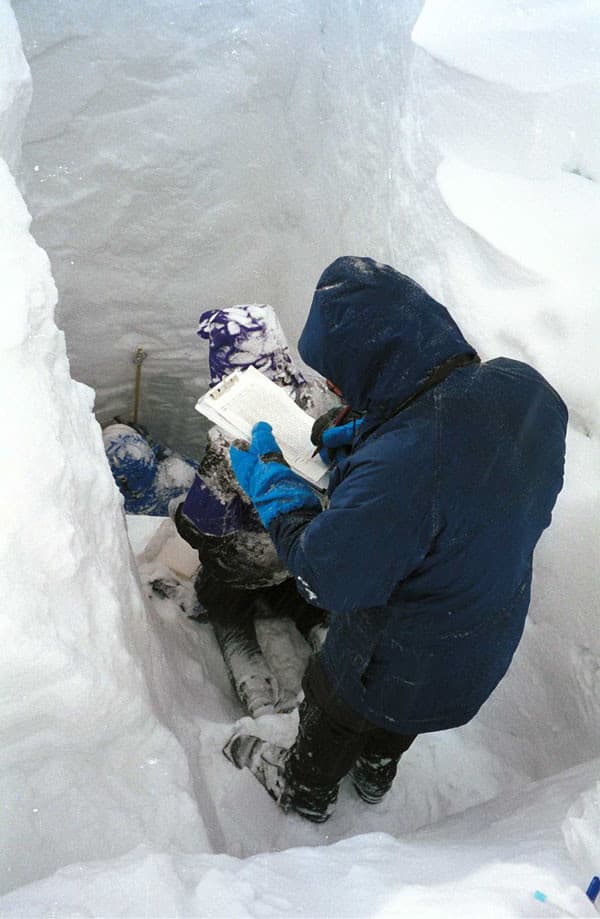 Recording snow pit data on Sperry Glacier