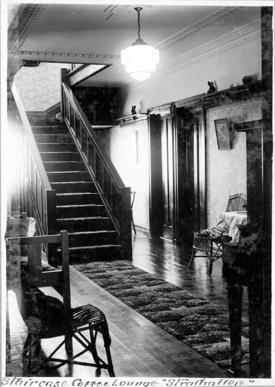 Coffee Lounge and Staircase at Strathallan - Caloundra, c 1940