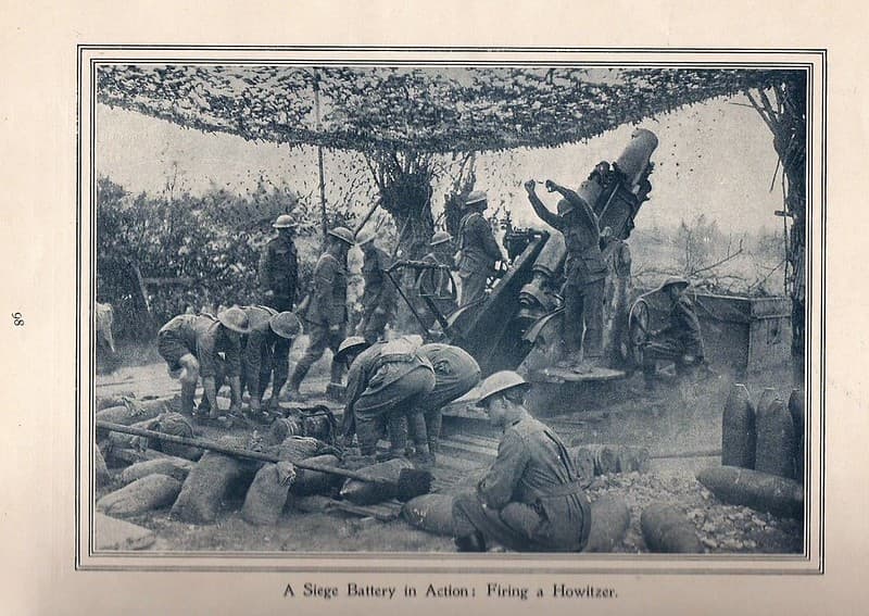 A Seige Battery in action, firing a Howitzer - WW1