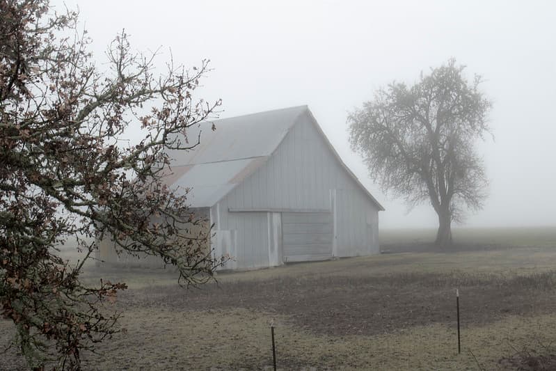 Old metal barn in heavy fog in Oregon