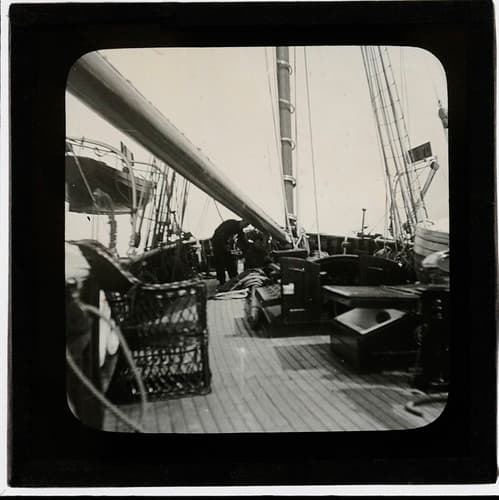 On board a boat, possibly a ketch, lugger or yawl, early 1900s