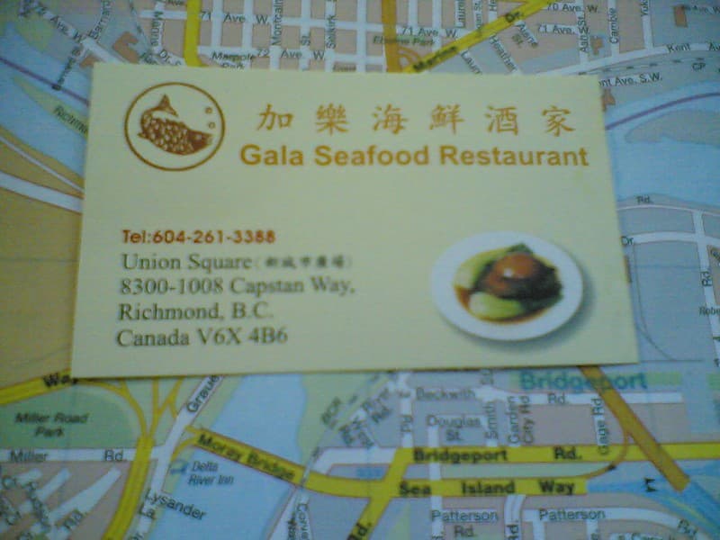 Gala Seafood Restaurant Card on top of the Vancouver map