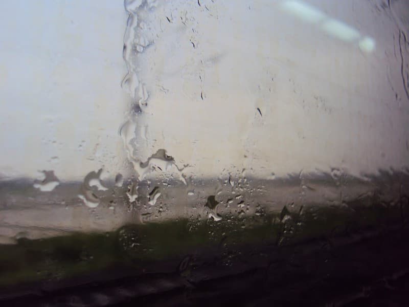 Rainwater trickles down outside the window