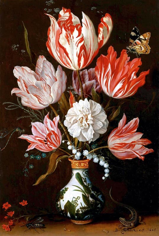 A still life of tulips and other flowers in a ceramic vase (1625)