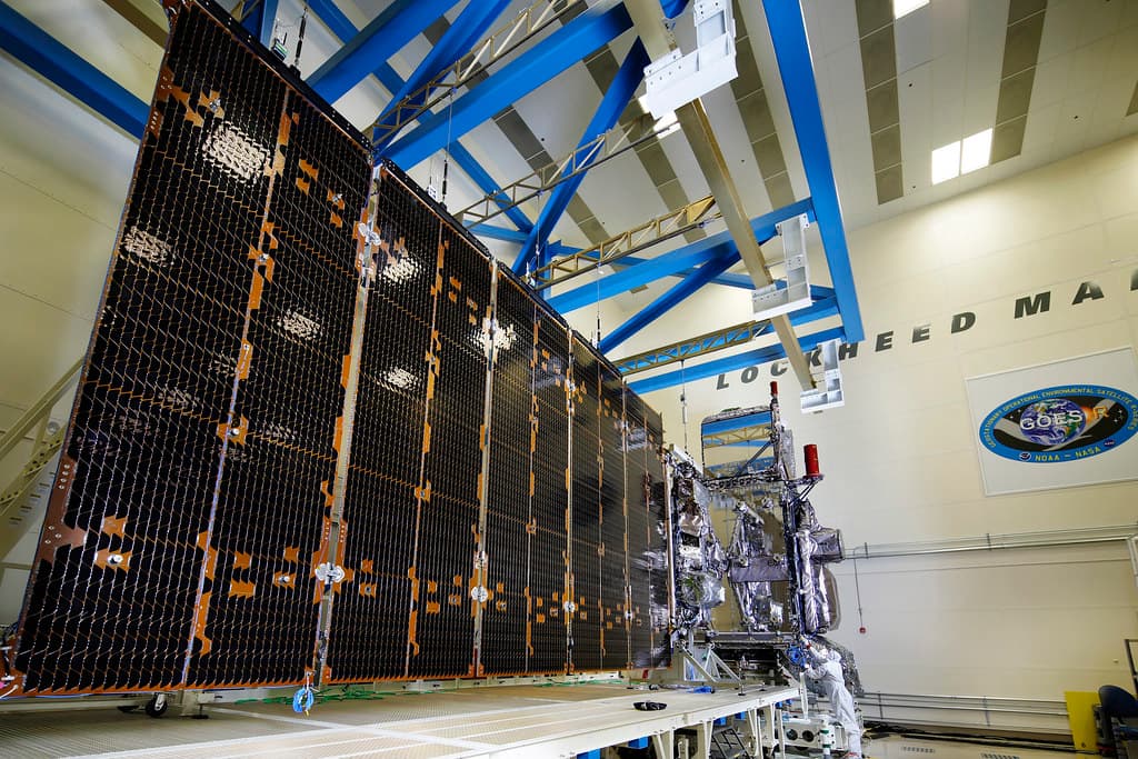 Fully Integrated GOES-S Satellite With Solar Array Extended
