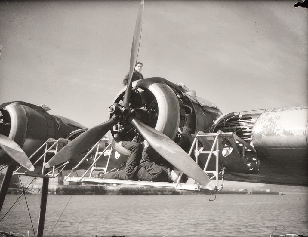 Servicing an engine on a Short Sunderland flying boat