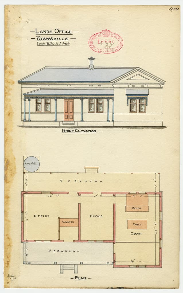 Architectural drawing of the Lands Office, Townsville, 23 July 1885
