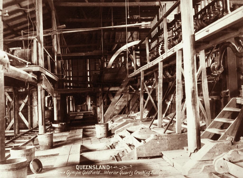Interior of Quartz crushing battery, Gympie Goldfield, c 1897