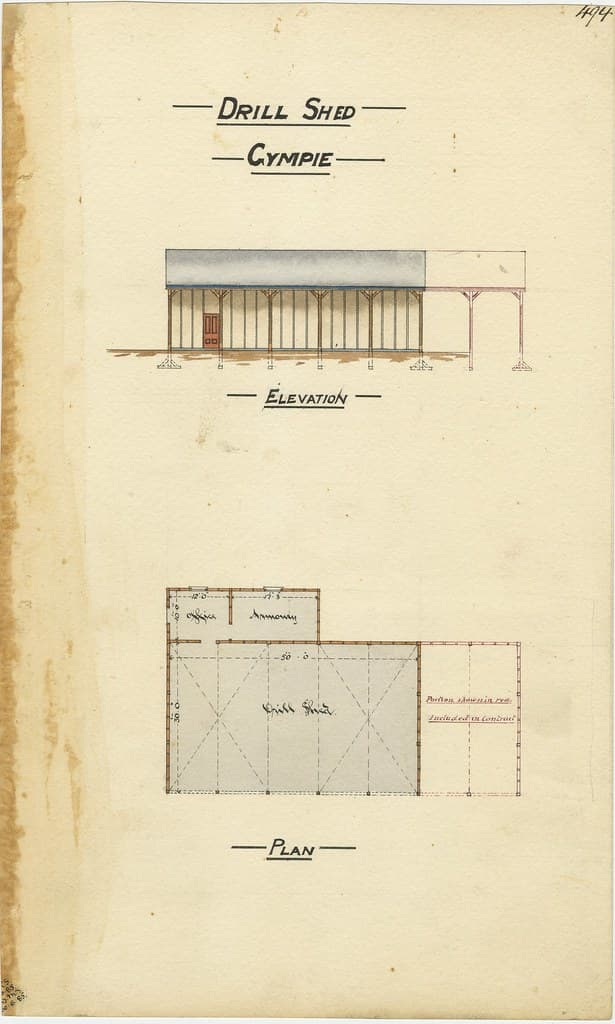 Architectural drawing of the Drill Shed, Gympie, 30 June 1885