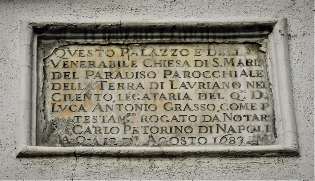 Marble tablet (1683) on old building at Vicoletto Giganti in Naples