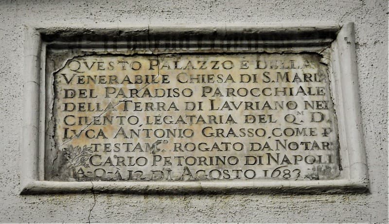 Marble tablet (1683) on old building at Vicoletto Giganti in Naples