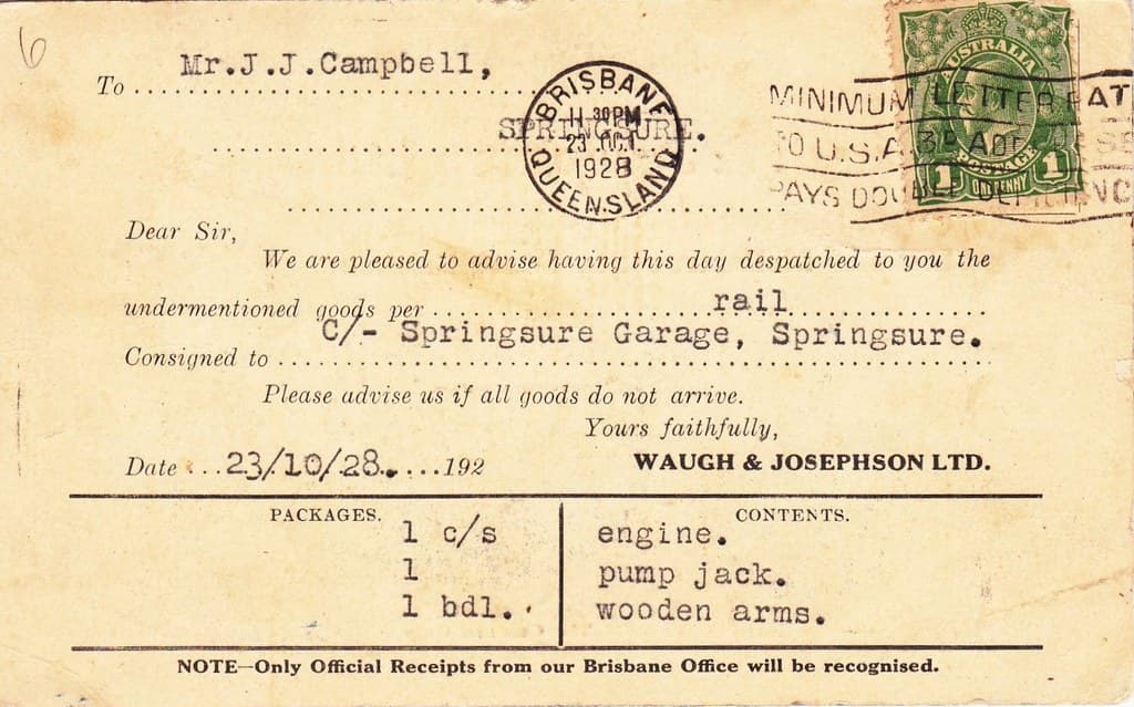 WAUGH & JOSEPHSON LTD MACHINERY ADVERTISEMENT - 1928 - REVERSE