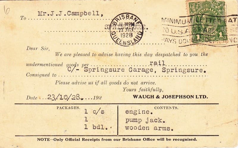 WAUGH & JOSEPHSON LTD MACHINERY ADVERTISEMENT - 1928 - REVERSE
