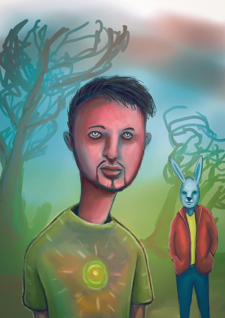 Psychedelic boy and his rabbit friend get lost in the acid forest
