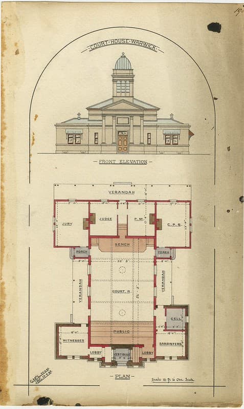 Architectural drawing of the Court House, Warwick, 29 August 1885