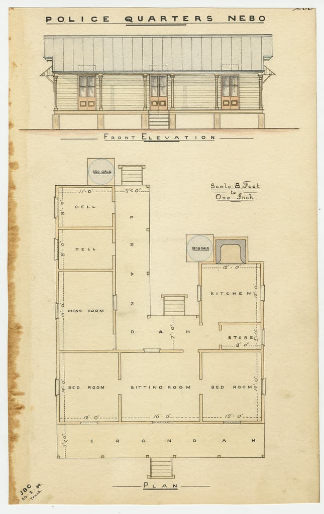 Architectural drawing of the Police Quarters, Nebo, 20 February 1884
