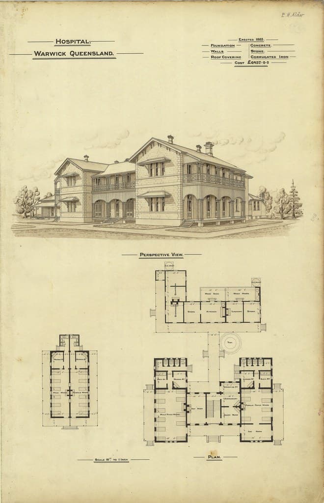 Architectural plans of hospital, Warwick, 1888