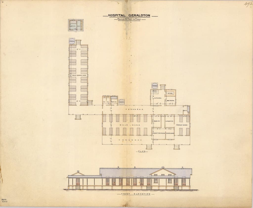 Architectural drawing of the Hospital, Geraldton, 22 September 1885