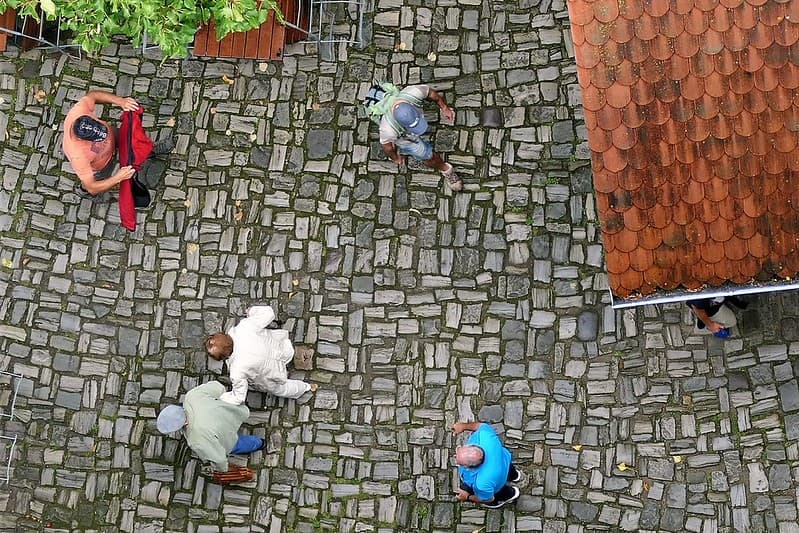 People in castle courtyard