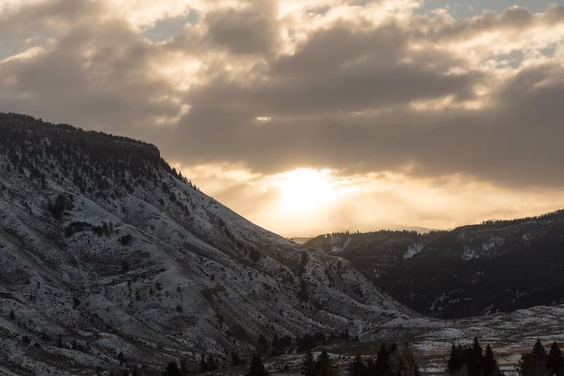 Sunrise through the clouds from Mammoth Hot Springs