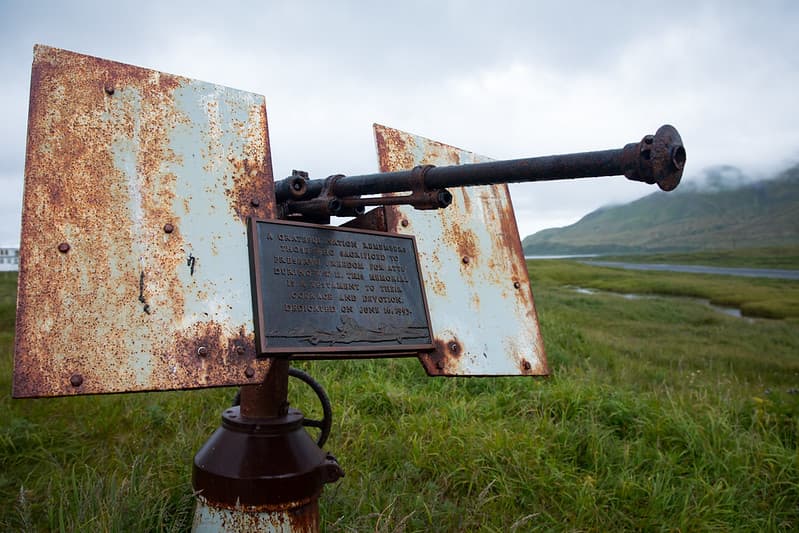 Memorial plaque on anti-aircraft gun above Massacre Bay, Attu